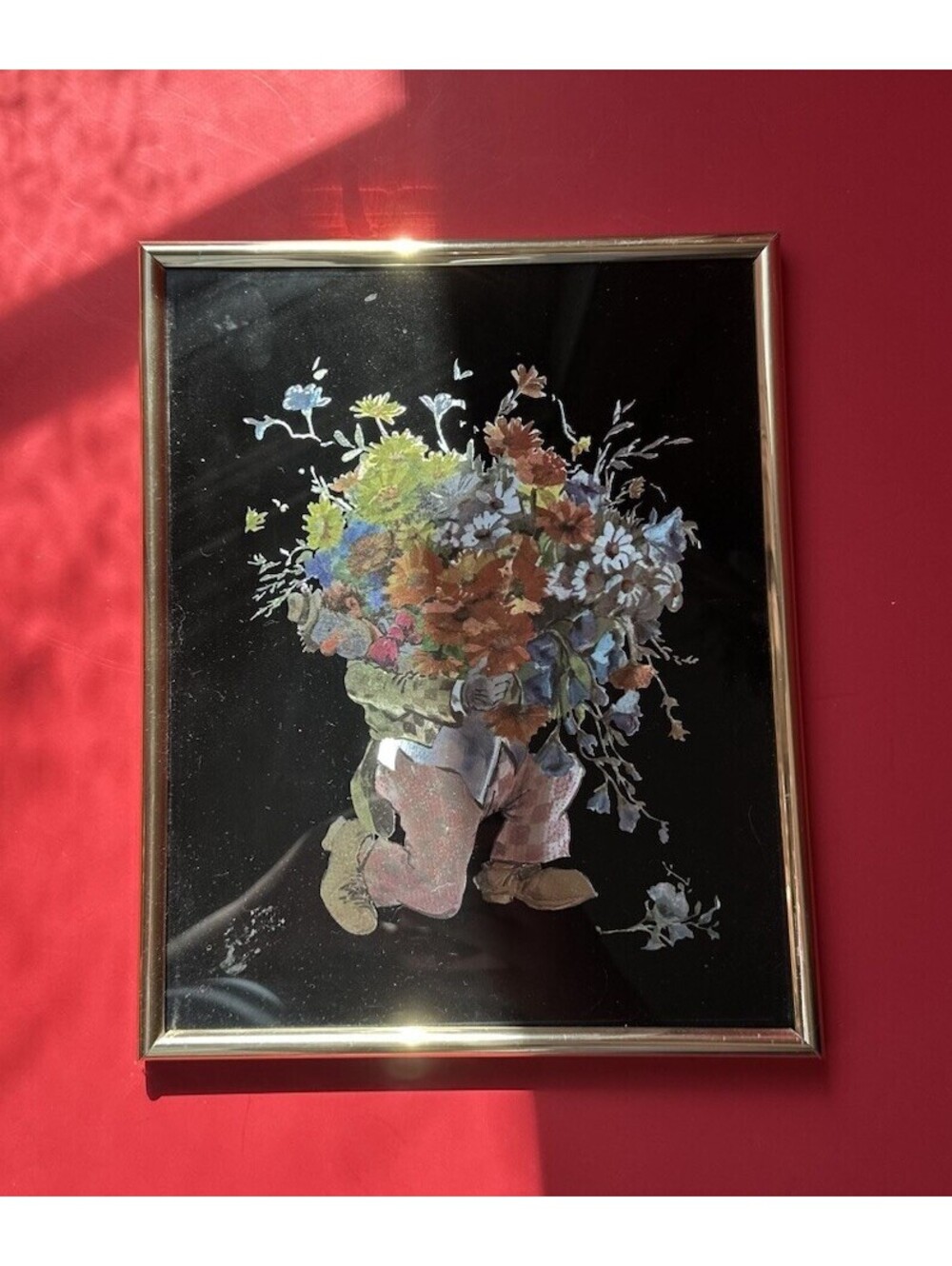 Vintage 80’s KAFKA Clown With Flower Bouquet Framed Metallic Foil Wall Art
